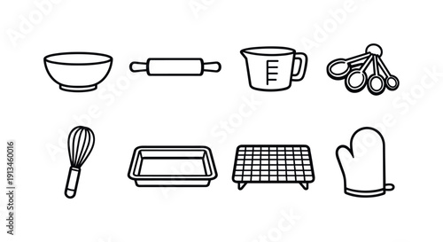 Home kitchen baking essentials: mixing bowl, rolling pin, measuring cup, measuring spoon, whisk, baking tray, cooling rack, oven mitt.