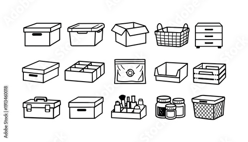 Home storage containers: storage box, plastic bin, cardboard box, storage basket, drawer unit, shoe box, fabric organizer, vacuum bag, shelf bin, crate, toolbox, document box,