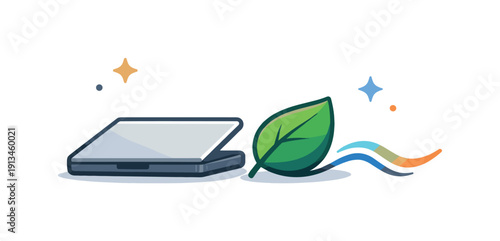 Healthy balance between focused work and intentional rest in modern lifestyles centered on sustainable routines, a closed laptop beside a leaf and a gentle wave line as a metaphor