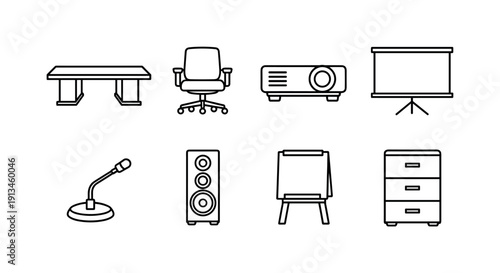 Professional office meeting room setup: conference table, meeting chair, projector, projection screen, table microphone, speaker column, whiteboard stand, document cabinet.