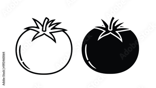 A simple black and white illustration depicting two tomatoes in opposite shades high quality