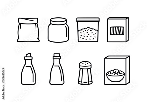 Home kitchen pantry staples: flour bag, sugar jar, rice container, pasta box, oil bottle, vinegar bottle, salt shaker, cereal box.