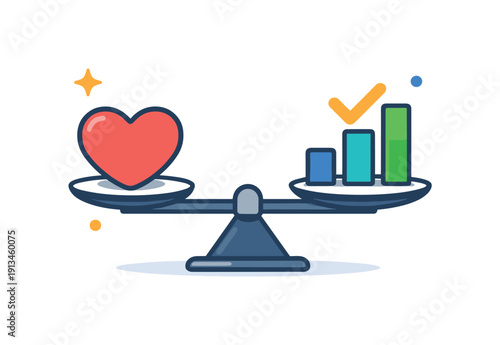 Self-trust calibration and balancing intuition with evidence, a heart and chart icon aligned on a stable axis expressing harmony, confidence, and grounded decision-making.