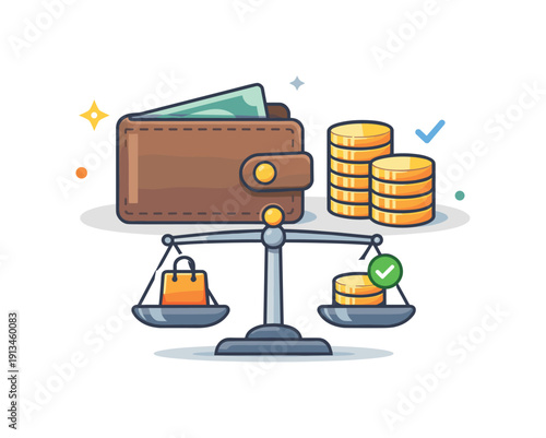 Personal financial stability and mindful spending habits in everyday life highlighting awareness and control, a wallet combined with stacked coins and a simple balance scale