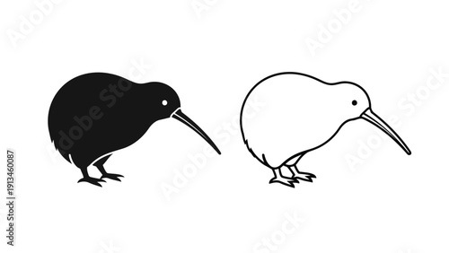 Two stylized depictions of a kiwi bird one solid black and the other outlined in white