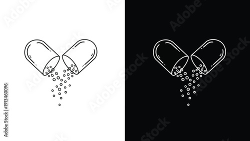 A striking black and white illustration depicts an open capsule releasing small granules or particles
