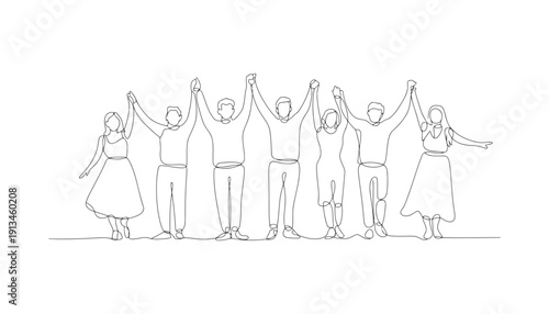 Line of seven people holding hands up together in unity pose teamwork group line minimalist