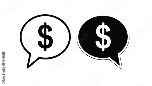 Two stylized dollar sign icons within speech bubbles one outlined and one solid black