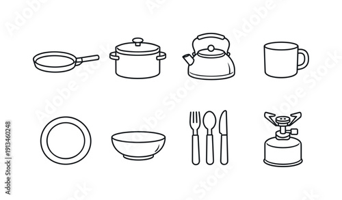 Camping cookware: frying pan, cooking pot, kettle, mug, plate, bowl, cutlery set, fuel canister.