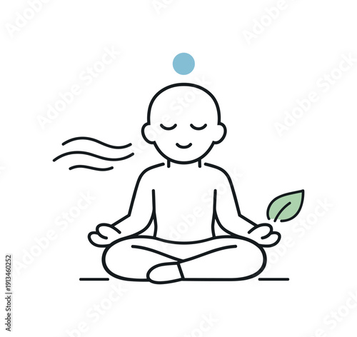Healthy mental reset and short mindfulness pause during a busy workday focused on emotional balance, a seated figure with closed eyes beside gentle breathing lines and a small leaf