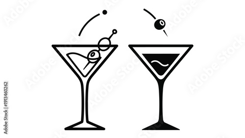 A minimalist black and white illustration depicting two martini glasses each adorned with olives