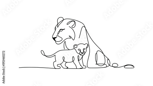 Minimalist black and white line of a lioness with her cub sitting beside her mother baby animal