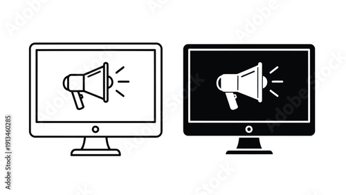 A pair of black and white computer monitors display a megaphone icon symbolizing broadcasting or announcement