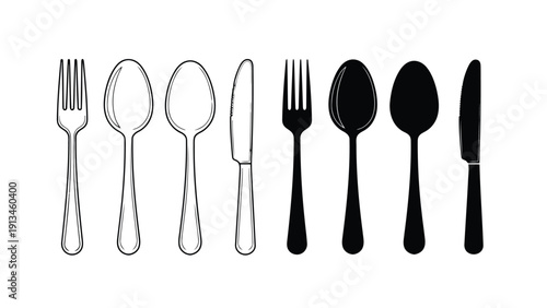 A simple black and white illustration displays a neatly arranged set of dining cutlery items