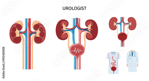 Urologist Concept Vector: Human Urinary System Anatomy, Kidneys, Bladder, and Medical Doctor Symbols for Health Education.