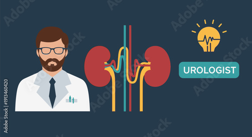 Urologist Doctor Consultation and Kidney Health Concept Illustration. Urology Specialist diagnosing Renal System diseases and treatments.