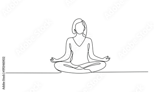 Minimalist black and white line of a woman meditating in lotus position line black and white monochrome