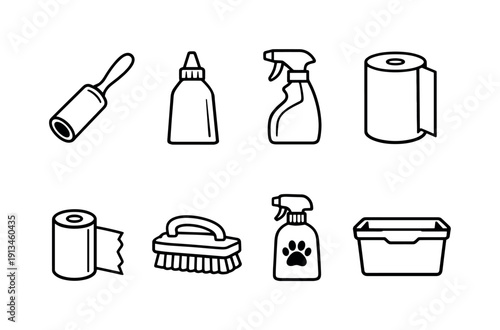 Home pet cleaning supplies: lint roller, stain remover bottle, cleaning spray, paper towel roll, waste bag roll, scrub brush, deodorizer bottle, storage bin.