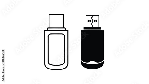 A simple black and white illustration depicting two different styles of usb flash drives
