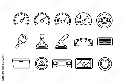 Automotive dashboard components: speedometer, tachometer, fuel gauge, temperature gauge, steering wheel, ignition key, gear shifter, handbrake, dashboard panel, air vent, glove
