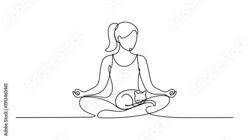 Minimalist black and white line of a woman meditating with a cat on her lap meditating woman cat on lap