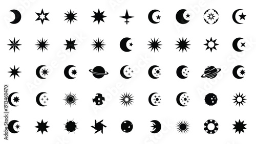 A collection of various black and white celestial icons including moons stars and planets