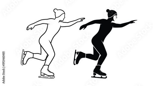 A dynamic illustration depicts two ice skaters in contrasting styles one outlined and one silhouetted