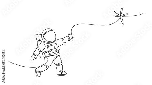 Minimalist black and white line of an astronaut floating with a tethered star space line black and white