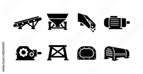 Industrial bulk material transfer line: belt conveyor, feed hopper, discharge chute, drive motor, gearbox unit, support frame, inspection cover, safety guard.