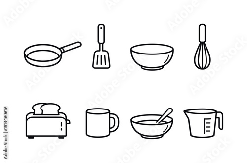 Home breakfast cooking tools: frying pan, spatula, mixing bowl, whisk, toaster, coffee mug, cereal bowl, measuring cup.