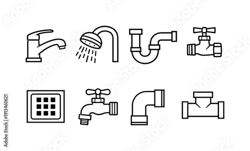 Home plumbing fixtures: sink faucet, shower head, drain trap, angle valve, floor drain, hose bib, pipe elbow, pipe tee.
