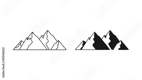 A minimalist illustration depicts two contrasting mountain range designs in black and white
