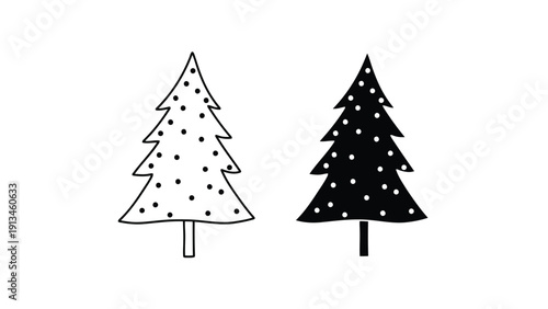 A simple black and white illustration depicts two stylized evergreen trees with dotted patterns