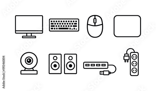 Office desk computer accessories: desktop monitor, keyboard, mouse, mouse pad, webcam, speaker, usb hub, power strip.