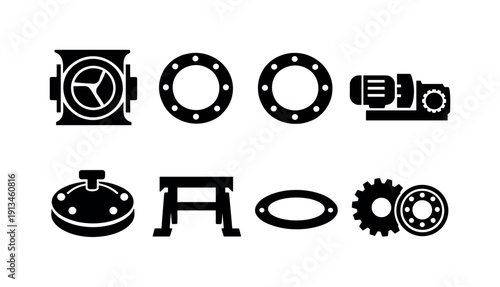 Industrial rotary valve systems: rotary airlock, inlet flange, outlet flange, drive motor, gearbox unit, inspection cover, support frame, sealing gasket.