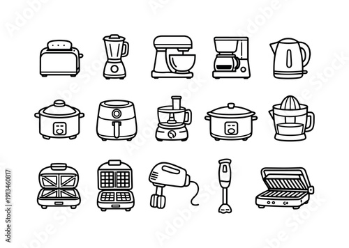 Home kitchen small appliances: toaster, blender, mixer, coffee maker, electric kettle, rice cooker, air fryer, food processor, slow cooker, juicer, sandwich maker, waffle maker,