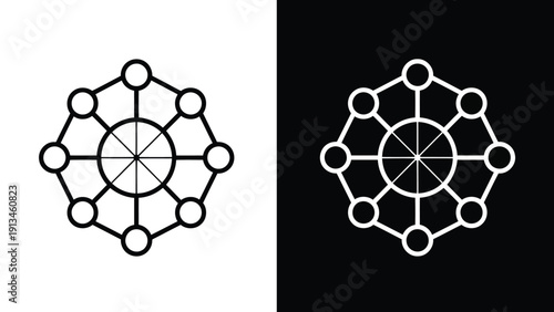 A symmetrical graphic design featuring a circular geometric pattern split into black and white halves