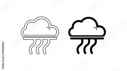 A pair of black and white line art illustrations depicting a rainy cloud with raindrops