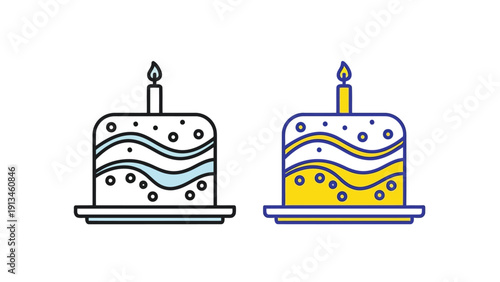 Two stylized birthday cakes with lit candles are depicted in contrasting color schemes
