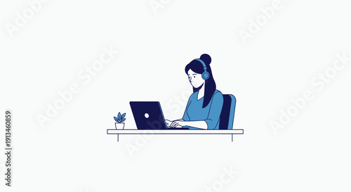 Young woman working on laptop at desk with plant, focused and productive.