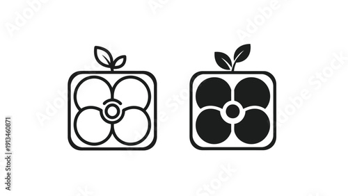 A minimalist depiction of two square floral icons showcasing contrasting black and white designs