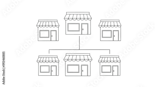 Simple black and white line drawing depicts five storefronts connected by lines resembling a network