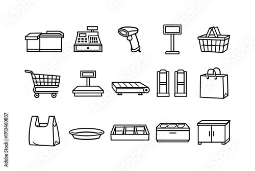 Retail checkout counter equipment: checkout counter, cash register, barcode scanner, receipt printer, display stand, shopping basket, shopping cart, scale, conveyor belt, security