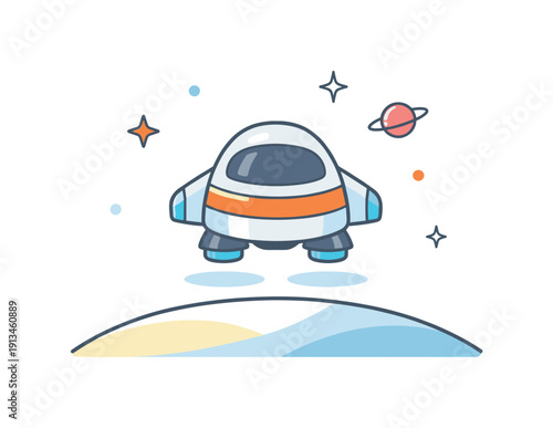 Standing at the edge of possibility and evaluating the next move in uncertain conditions expressed through cosmic pause, a spacecraft hovering just above a planet surface with