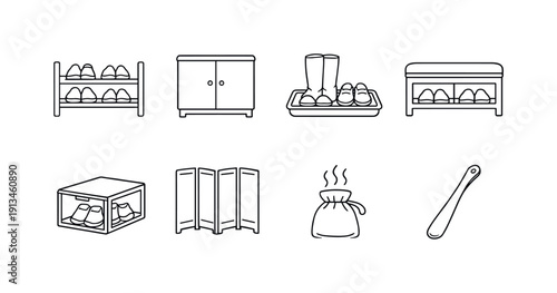 Home entry shoe storage: shoe rack, shoe cabinet, boot tray, storage bench, shoe box, divider panel, deodorizer pouch, shoe horn.