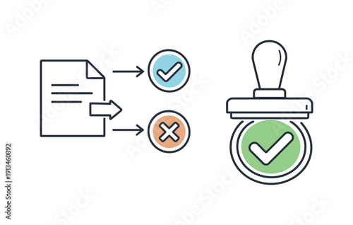 Clear approval workflow and decision validation in a modern business process highlighting efficiency and trust, a document flowing into a stamped checkmark representing finalized