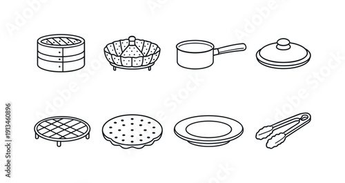 Kitchen food steaming tools: bamboo steamer, metal steamer basket, saucepan, pot lid, trivet, steamer liner, serving plate, kitchen tong.
