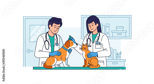 Professional Veterinarian Team Examining Dog and Cat. Veterinary Clinic Annual Checkup, Animal Healthcare Services Illustration.