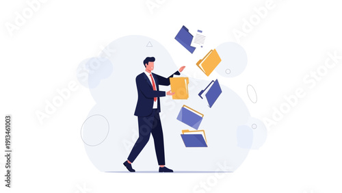 Businessman juggling files, documents, and folders, concept of workload and organization
