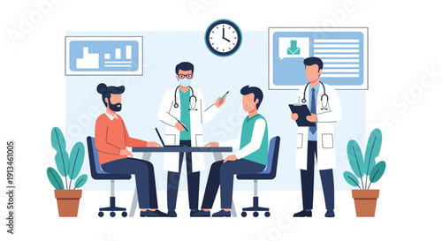 Healthcare Consultation Meeting: Doctors Discussing Medical Records and Treatment Plan with Patients. Flat Vector Illustration.